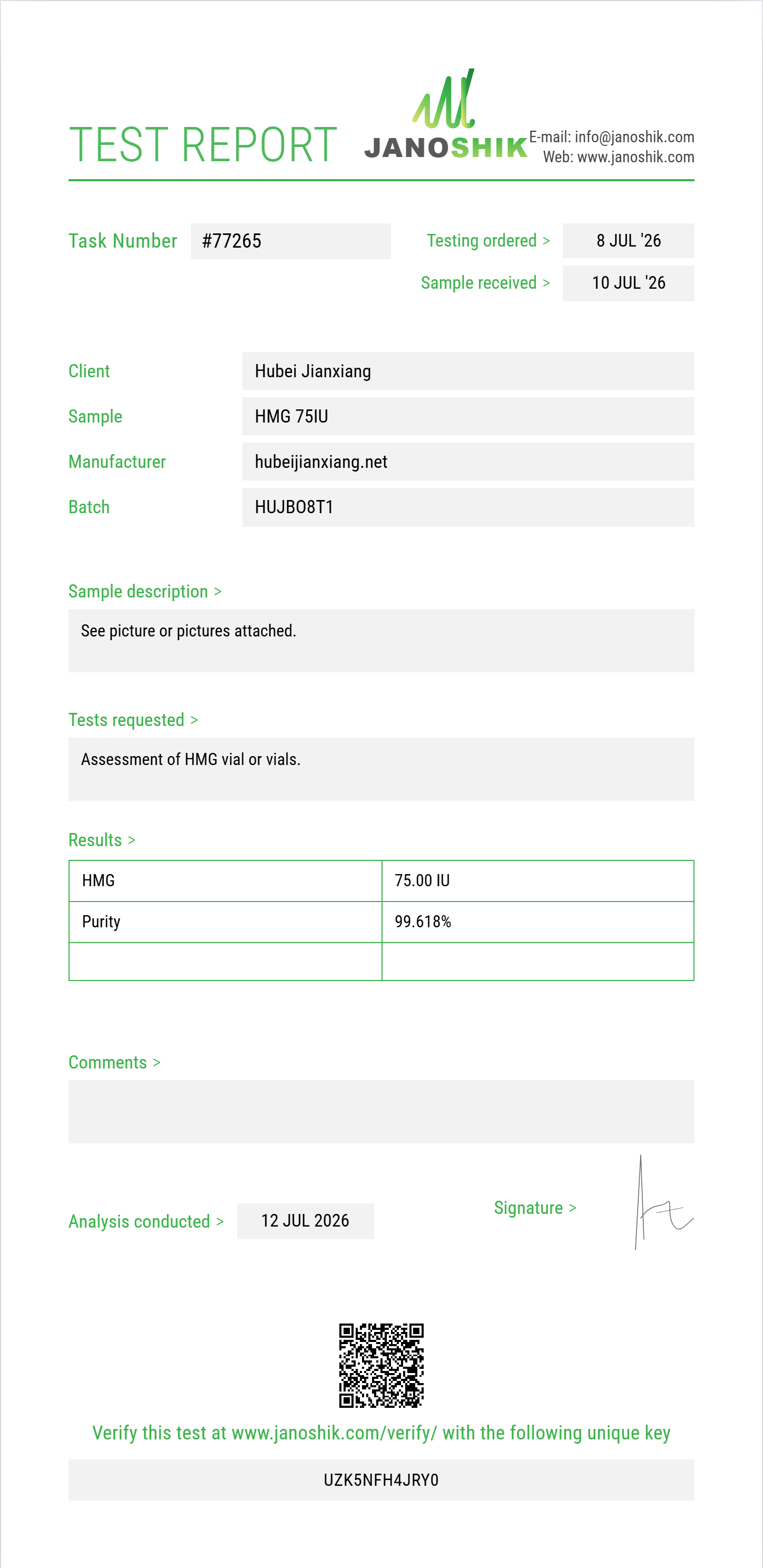 HMG Purity (HPLC) report by Janoshik Analytical