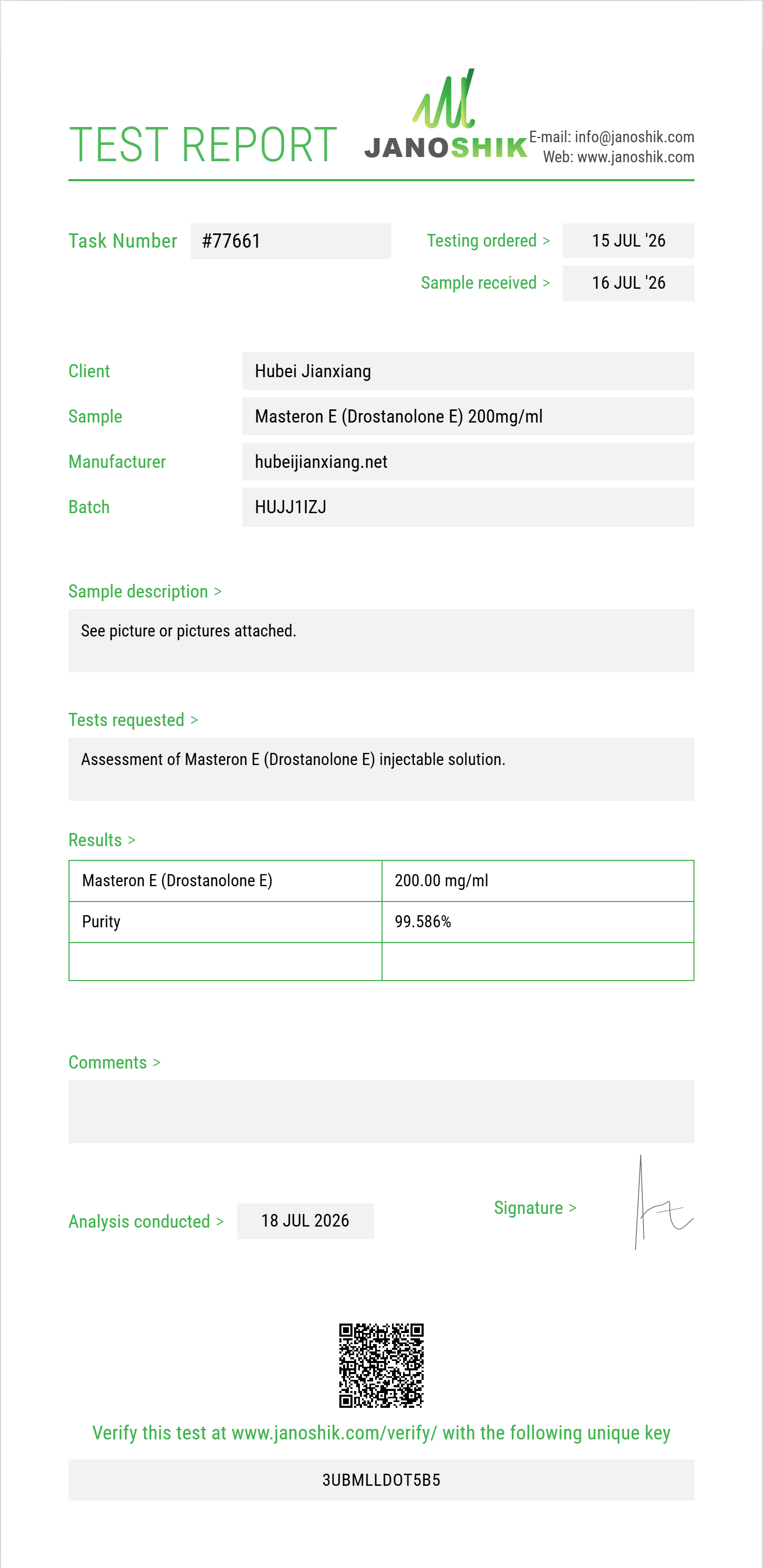 Masteron E (Drostanolone E) Purity (HPLC) report by Janoshik Analytical