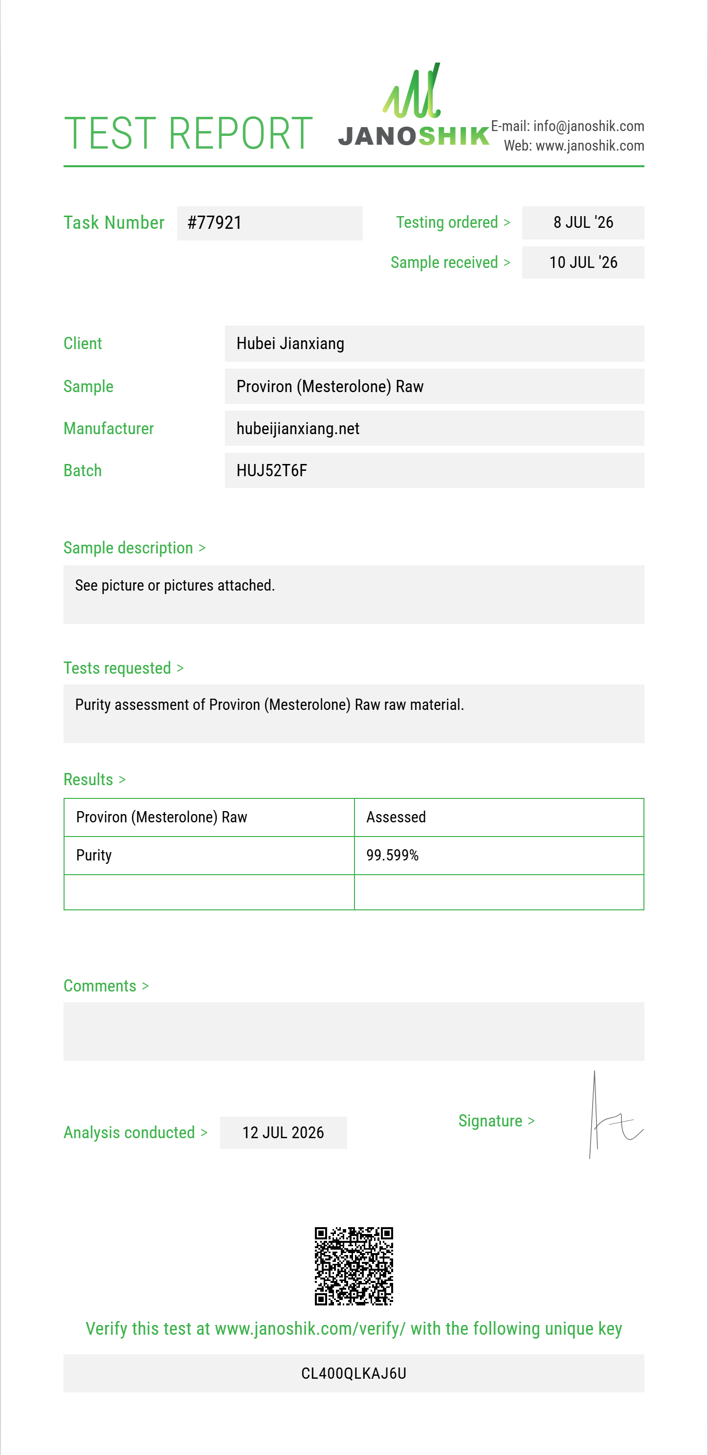 Proviron (Mesterolone) Raw Purity (HPLC) report by Janoshik Analytical