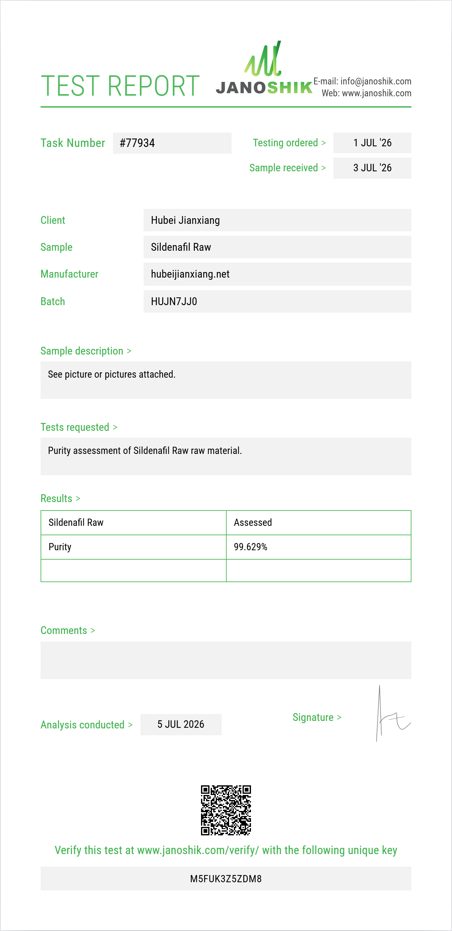 Sildenafil Raw Purity (HPLC) report by Janoshik Analytical