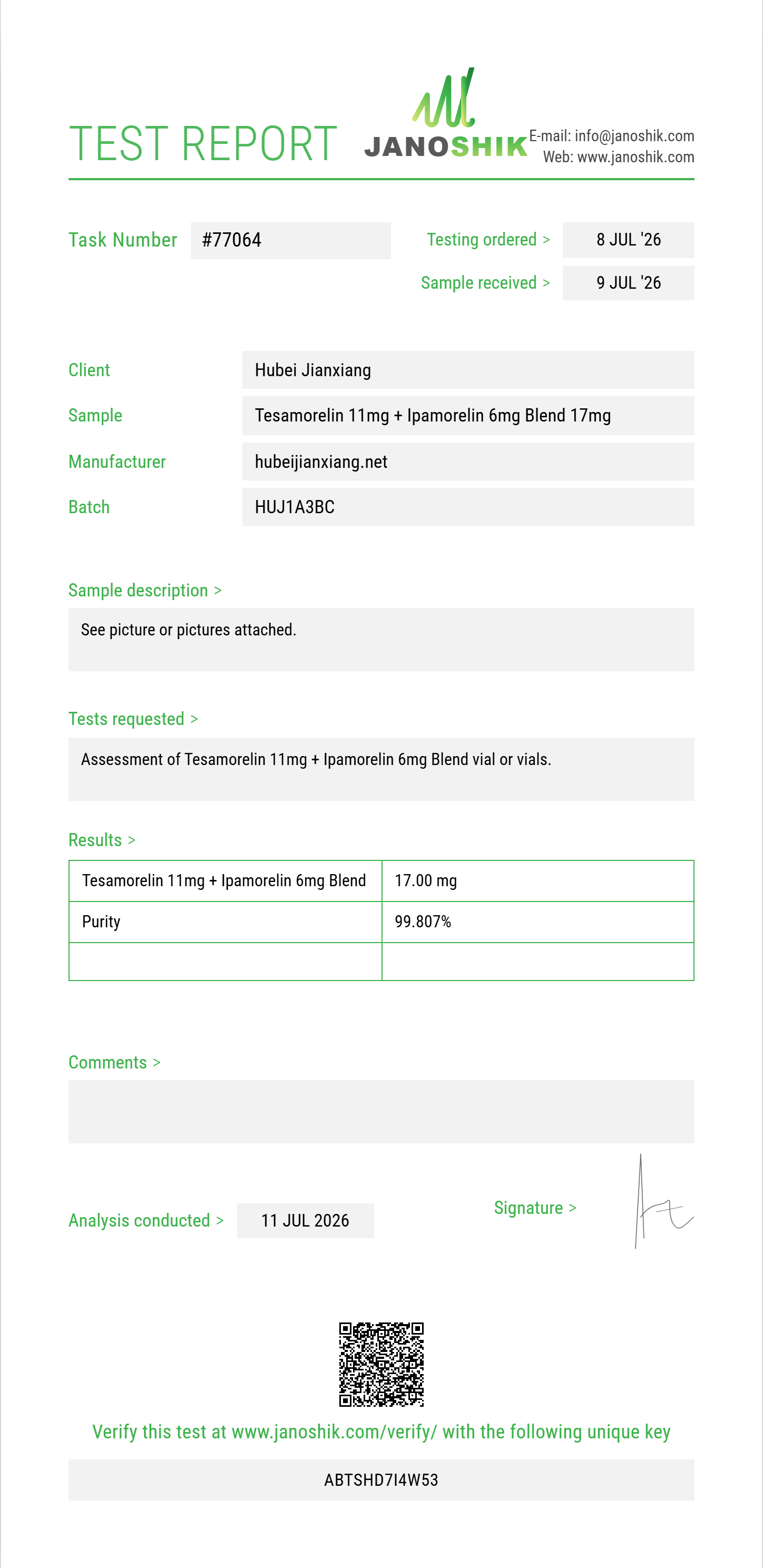 Tesamorelin 11mg + Ipamorelin 6mg Blend Purity (HPLC) report by Janoshik Analytical
