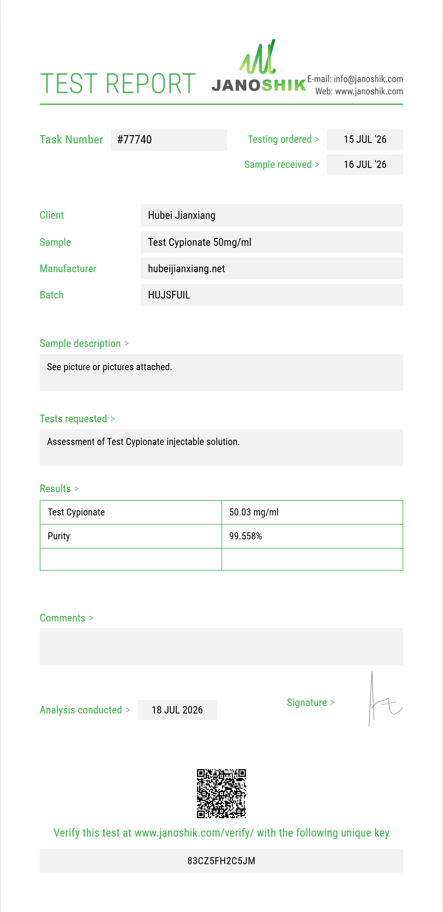 Test Cypionate Purity (HPLC) report by Janoshik Analytical