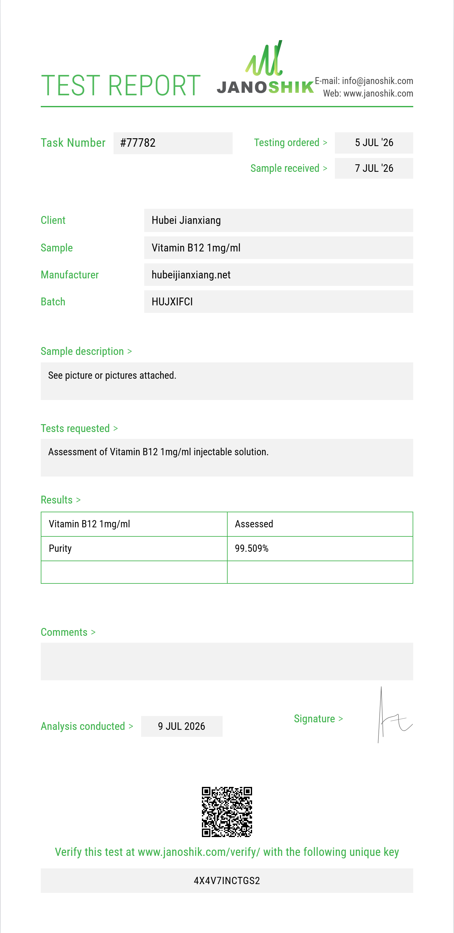 Vitamin B12 1mg/ml Purity (HPLC) report by Janoshik Analytical