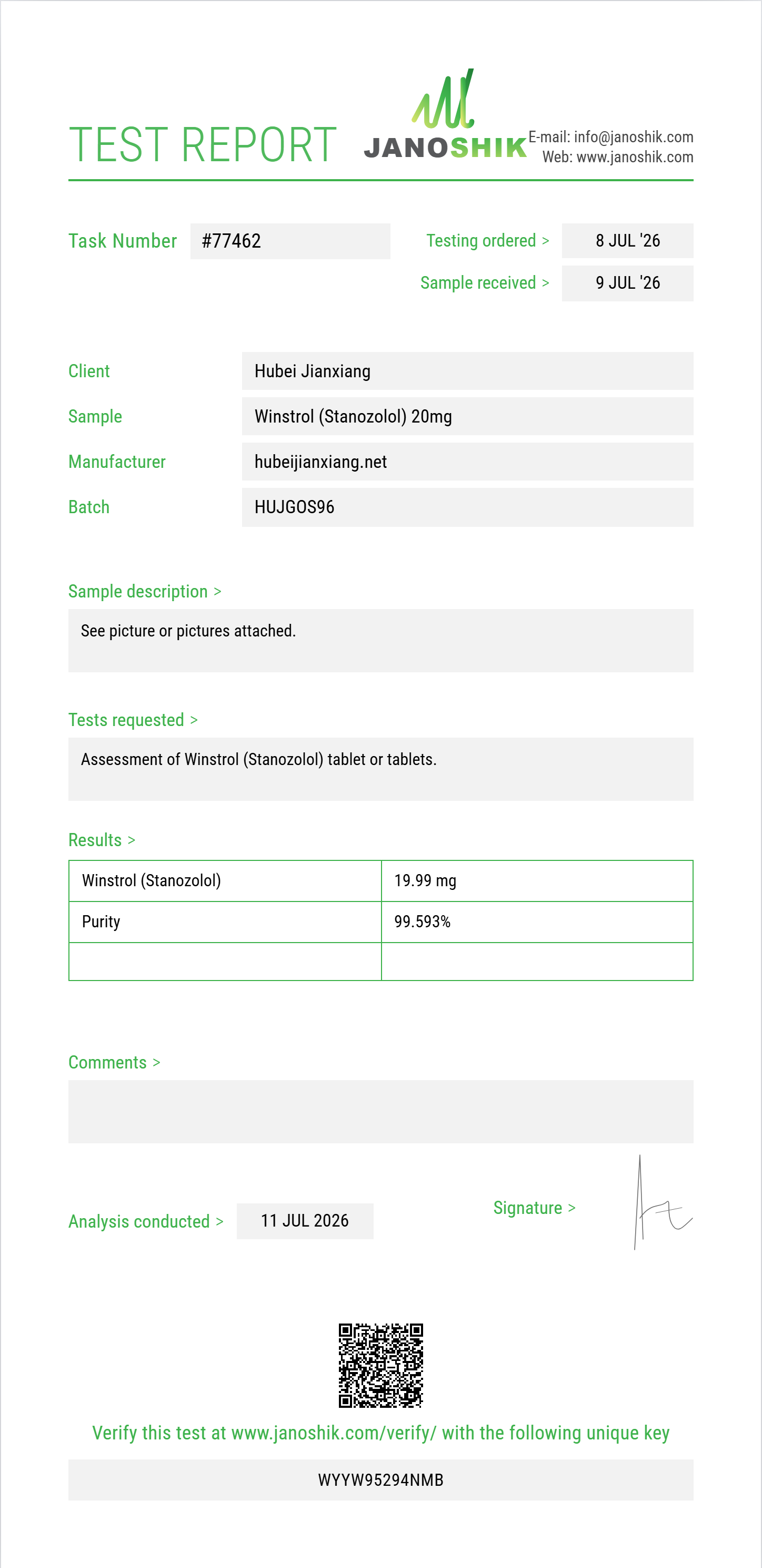Winstrol (Stanozolol) Purity (HPLC) report by Janoshik Analytical